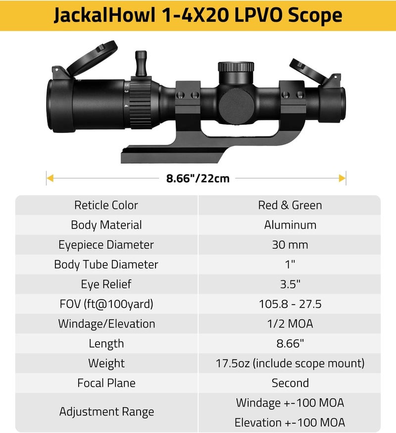 CVLIFE JackalHowl 1-4x20 LPVO Rifle Scope with Cantilever Mount, Illuminated Reticle Rimfire Scope Compact Riflescope with Zero Reset for Hunting - Image 3